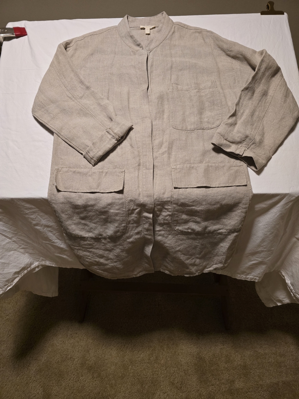 Eileen Fisher Heavy Organic Linen Stand Collar Long Jacket Coat Beige Large P